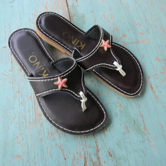 Kino Sandals DARK BROWN Flip Flops Leather Key West SZ 7 STARFISH CHARM - Picture 1 of 7